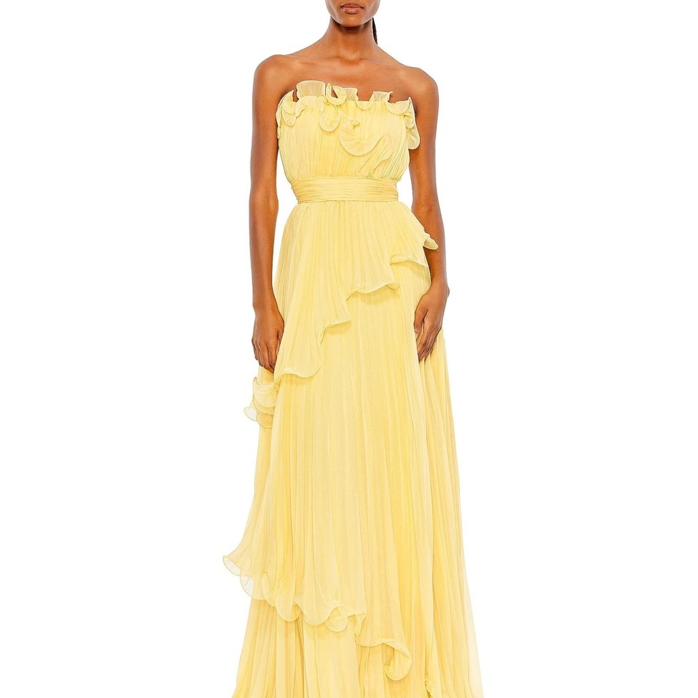 Mac Duggal Pleated Tiered Ruffle Strapless Gown